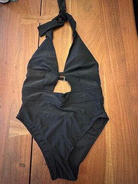 Adore Me Black One Piece Plunge Halter Cutout High Cut Swimsuit